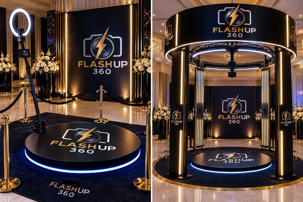 FlashUP360 standard booth beside the enclosed premium 360 booth