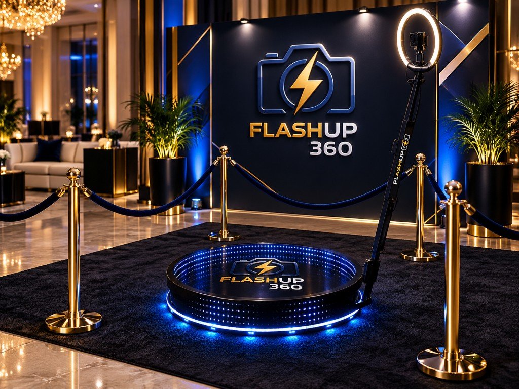 FlashUP360 360 photo booth with LED platform lighting and branded backdrop